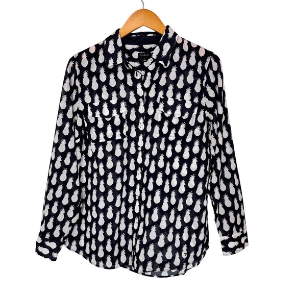 Talbots Tops - Talbots Button Down Women S Navy Pineapple Print Long Sleeve Cotton Blouse Top